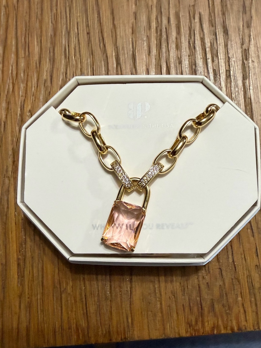Gold Chain Necklace with Pink Rectangular Crystal Pendant